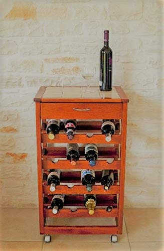 Rollwagen Weinregal LANDHELL Luxus Massivholz Tischplatte Fliesen Kirsche