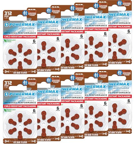 Powermax USA Premium Zinc-Air Hearing Aid Batteries, Size 312, 64 Count