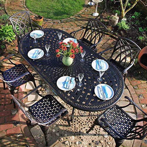 Lazy Susan 208 cm Ovaler Catherine Gartentisch in Antik Bronze mit 6 April Stühlen und beige Sitzkissen | Nachhaltiges Sandguss-Aluminium | Wetterfest | Rostfrei | Wartungsarm | 3 Jahre Garantie