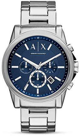 Armani Exchange Herrenuhr , QuarzChronographenwerk, 45mm Silbernes Edelstahlgehäuse mit Lederarmband, AX2501