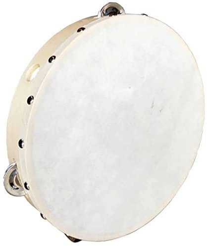 A-Star Pandereta de madera con cabeza de mano de 10 pulgadas/25 cm, hilera de cascabeles de un solo metal tradicional - cabeza natural