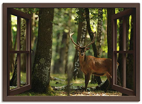 ARTLAND Wanddeko Leinwand Bilder Wandbild 100x70 cm Fensterblick Hirsch 4 Wald T5YQ