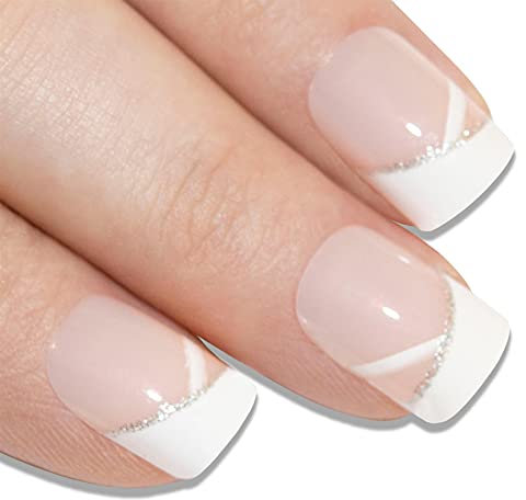 Bling Art False Nails French Manicure White Glitter 24 Full Cover Medium Tips UK