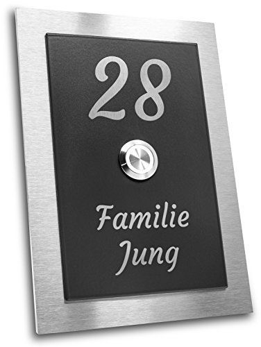Jung Edelstahl Design - Edelstahl Türklingel Dakota12 Aufputz oder Unterputz - 12 X 17 cm mit LED Drucktaster - Klingel aus V2A Edelstahl/anthrazit - Haustürklingel mit Gravur (LED weiss)