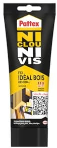 Pattex Ni Clou Ni Vis Fix Idéal Bois, colle de fixation surpuissante, colle rapide qui permet une prise instantanée, colle blanche, tube 52 gr