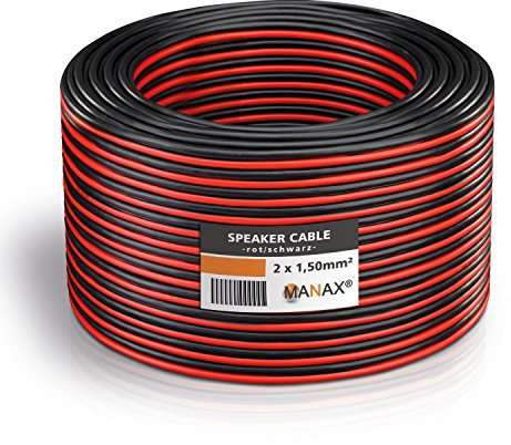 MANAX® Cable para altavoz (2 x 1,5 mm², 20 m), color rojo y negro