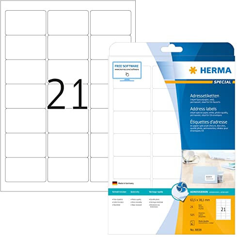HERMA 8838 Adressetiketten für Inkjet Drucker, 25 Blatt, 63,5 x 38,1 mm, 21 pro A4 Bogen, 525 Stück, selbstklebend, bedruckbar, matt, blanko Adressaufkleber Etiketten für Tintenstrahldrucker, weiß
