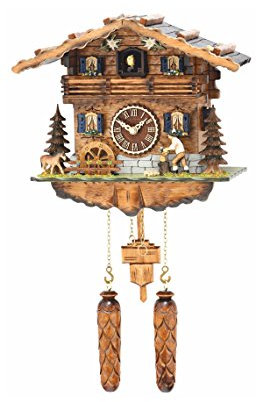 Trenkle Quarz Kuckucksuhr Schwarzwaldhaus mit beweglichem Holzhacker und Mühlrad, mit Musik