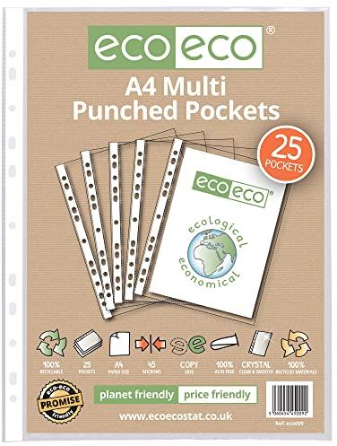 eco-eco A4 100% Recycled Multi Punched Pockets Glass Clear, Transparent Poly Wallet Sheet Protector, 45 Microns (Pack of 25)