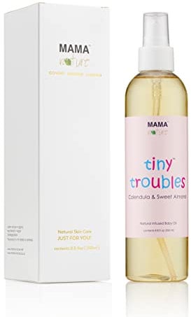 Baby Massage and Bath Oil - Mama Nature Tiny Troubles with Calendula & Sweet Almond. All-Natural Skin Care Treatment. Helps Relieve Cradle Cap, Eczema and Dry Skin. Handmade in the UK. 8/8 fl oz/250 ml