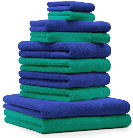 Betz 10 TLG. Handtuch Set Premium 100% Baumwolle 2 Duschtücher 4 Handtücher 2 Gästetücher 2 Waschhandschuhe Farbe Smaragd Grün & Royal Blau