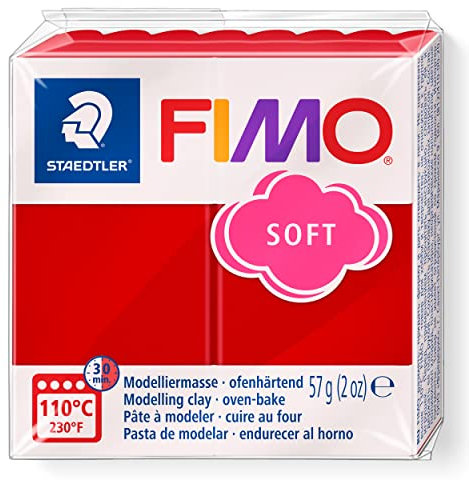 STAEDTLER ofenhärtende Modelliermasse FIMO Soft, Weihnachtsrot, weich und geschmeidig, speziell für Einsteiger und Hobbykünstler, Normalblock 57g, 8020-2 P