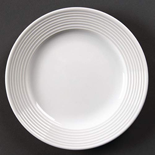 Olympia Linear Wide Rimmed Plates 150mm Porcelain, White, 12 Pack | Fully vitrified for heat and shock resistance to ensure glaze durability, backed by the Nisbets Edge Chip Warranty.