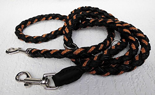 Runde HUNDELEINE geflochten, 185cm/12mm, 3xverstellbar Echt Leder+Neu Cognac-Schwarz (1063)