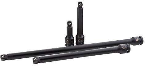 SUNEX TOOLS 2504, 1/2 Inch Drive Impact Extension Set, 4 Piece, SAE, 3 Inch - 15 Inch, Cr-Mo Steel, Radius Corner Design, Wobble Drive, Steel Ball Retainer, Dual Size Markings, with Storage Tray