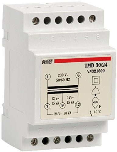 VEMER VN321600 TMD 30/24 - Transformador de Electricidad de Carril DIN para Servicio Discontinuo, Ideal para Timbres, Citófonos, Alarmas, Puertas Automáticas, 230V/12-24V, Potencia 30VA, Blanco