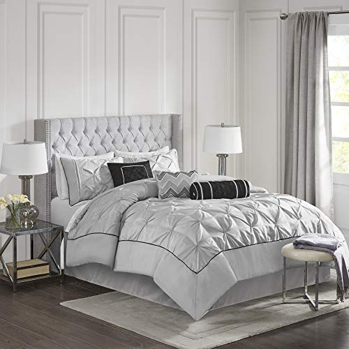 Madison Park Laurel Cozy Comforter Set - Traditional Tufted Faux Silk Design, All Season Down Alternative Bedding with Matching Shams, Decorative Pillow, Grey Queen(90x90) 7 Piece