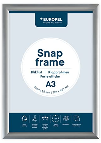 EUROPEL Klapprahmen A3 mit 25 mm Aluminium-Profil - aufklappbarer Plakatrahmen mit Gehrungsecke - Schnapprahmen für u.a. Poster, Zertifikate, Fotos & Werbemittel - Silber