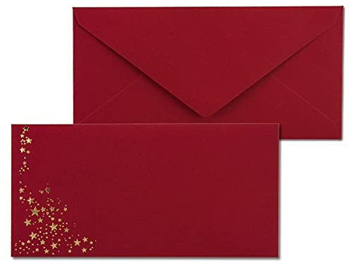 50x Briefumschläge mit Metallic Sternen - DIN Lang - Gold geprägter Sternenregen - Farbe: dunkelrot, Nassklebung, 120 g/m² - 110 x 220 mm - ideal für Weihnachten
