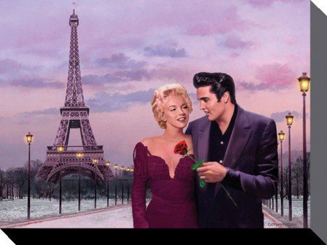 1art1 Chris Consani Poster Sonnenaufgang In Paris, Marilyn Monroe Und Elvis Presley Bilder Leinwand-Bild Auf Keilrahmen | XXL-Wandbild Poster Kunstdruck Als Leinwandbild 80x60 cm