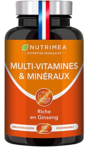 Multivitamines et Minéraux - 16 Vitamines & Minéraux + GINSENG - Vitamines A, B6, B9, B12, C, D3, E, Magnésium, Fer, Zinc & Calcium - Energie, Vitalité, Puissance - Fabrication Française - Nutrimea