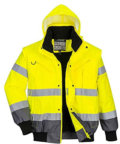 Portwest C465 Hi-Vis 3-in-1 Waterproof Contrast Hooded Bomber Jacket with Pockets - Reflective Outdoor Safety Security Workwear Coat, Yellow/Grey, S
