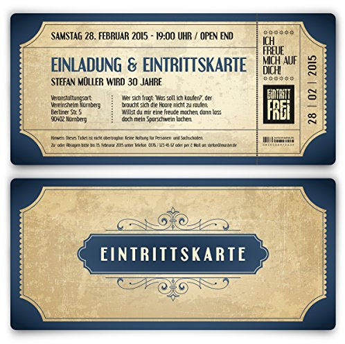 Kartenmachen.de Einladungskarten zum Geburtstag (ab 10 Stück) als Eintrittskarte im Vintage Ticket Look