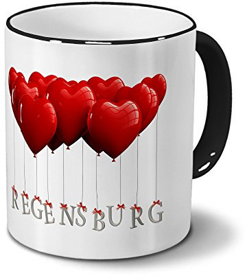 digital print Städtetasse Regensburg - Design Herzballons - Stadt-Tasse, City-Mug - Becher Schwarz