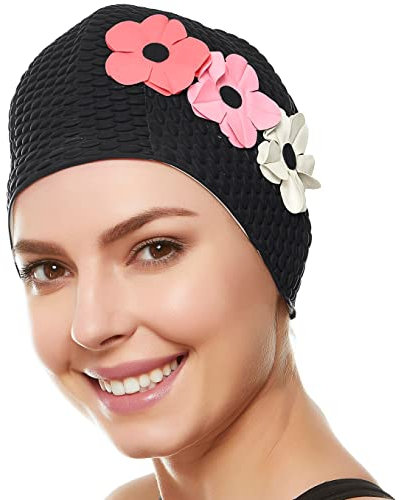 Beemo - Cuffie da nuoto, in lattice, con tre fiori, da donna, per capelli lunghi e corti, Unisex - Adulto, Fiori nero/rosa e bianco.