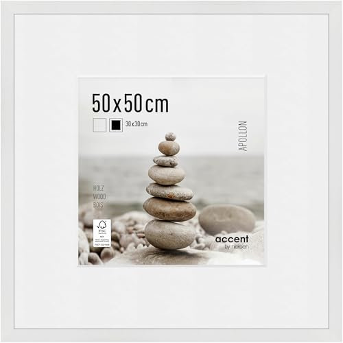 accent by nielsen Bilderrahmen mit Passepartout, 50 x 50 cm, Holz, Weiß, Posterrahmen zum Aufhängen im Hoch- & Querformat, Echtglas, Apollon