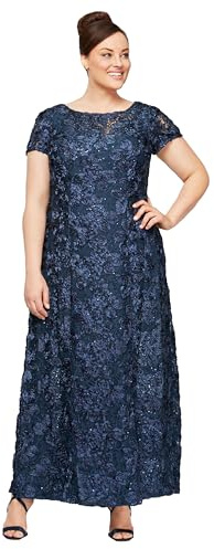 Alex Evenings Damen Langes Rosettenkleid für die Brautmutter mit Kurzen Ärmeln, Formelles Kleid, Hochzeitsgäste Brautmutterkleid, Marineblau, 50 Mehr