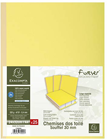 Exacompta 770005E 25er Pack Aktenmappen Forever®. Mit Leinenrücken 320 g/m² Rückenstärke 30 mm Falte Blauer Engel zertifiziert für DIN A4 gelb Sammelmappe Dokumentenmappe