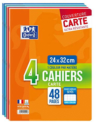 OXFORD Lot 4 Cahiers 24x32 cm Grands Carreaux Seyès 48 Pages 90gr Couverture 4 Couleurs Différentes