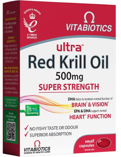 Vitabiotics Ultra Red Krill Oil Nutritional Supplement Capsule with Omega 3-9 Fatty Acids DHA EPA Astaxanthin for Heart Brain And Eye Vision Support from Antarctic Marine Phospholipids