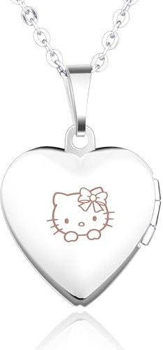 Unendlich U Hello Kitty Muster Eingraviert Öffenbares Herz Foto Medaillon Edelstahl Blau Damen Mädchen Frauen Anhänger Halskette