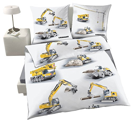 Liebherr Renforce Jungen Bettwäsche Bagger, Baustelle & LKW - 2 tlg. Kissenbezug 80x80 + Bettbezug 135x200cm - 100 % Baumwolle