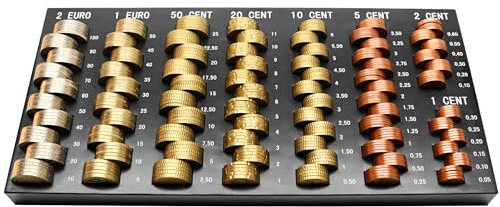 MONEPASS FRANCE - Monnayeur pièces euro 8 Compartiments - 30,6 x 14,9 x 2,2 cm. Valorisation par échelle graduée - Capacité = 196,40 euro. Organiseur de pièces, Caisse à Monnaie