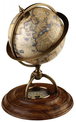 ProPassione Globe terrestre façon antique, pied acajou, support bronze, boussole, h 21 x Ø globe 14.5 cm