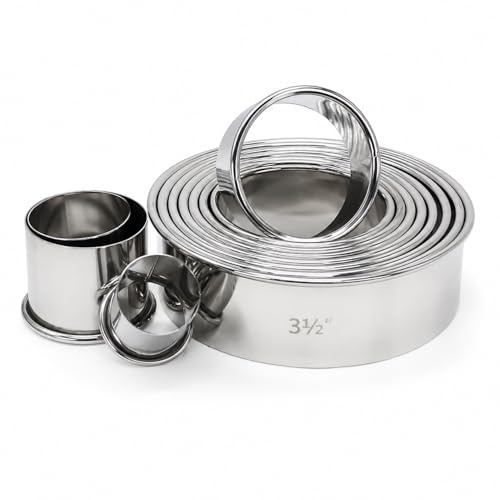 HUJI Stainless Steel Professional Plain Round Pastry Dough Cutter Set for Baking Cookies Pie Pops Kitchen (1 Pack, Set of 11 Round Cutters)