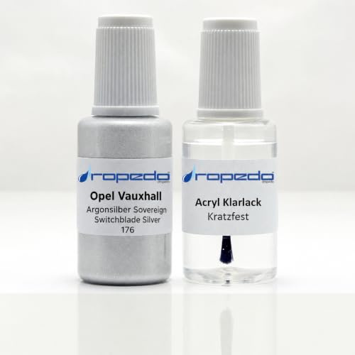 Lackstift Set passend für Opel GAN / 176 ARGONSILBER 20ml + Klarlack 20ml | Wasserbasislack wie vom Lackierer, nach Original-Farbcode gemischt, Pinsel im Deckel, für Steinschlag und Kratzer