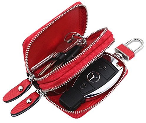 Esdrem-Unisex-Echtleder-Schlüssel-Hülle/Halter - mit Doppelreißverschluss - Auto-Schlüsselanhänger-Schlüsseletui rot
