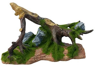 Large Artificial Tree Root Branch & Rocks with Moss Aquarium Fish Tank Ornament 31cm Long | Artificial Resin Ornament Safe for Fish, Turtles & Reptiles Aquascape Decor