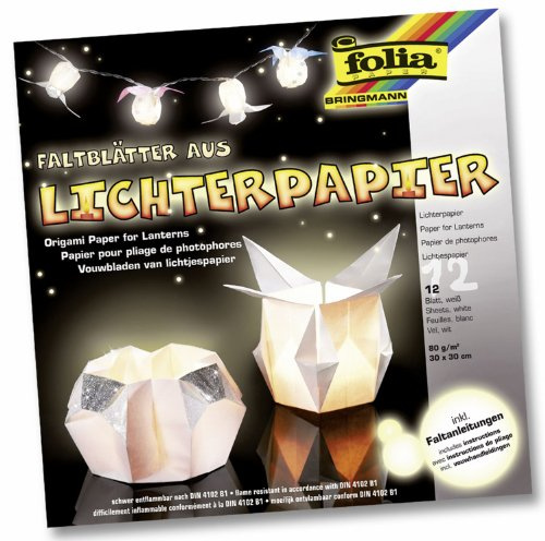 folia 42300 - Faltblätter aus Lichterpapier, weiß, ca. 30 x 30 cm, 12 Blatt, schwer entflammbares Papier, inklusive Faltanleitungen