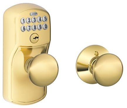 Schlage Electronic Keypad Lock with Knob, Camelot Trim, Bright Brass