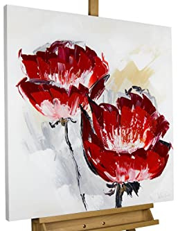 KunstLoft Leinwandbild | 100% HANDGEMALT | 80x80cm | Gemälde 'Der Duft der Blütenpracht' | Mohnblumen | Rot | Wandbild Wohnzimmer