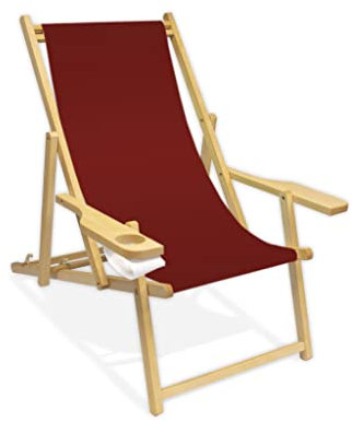 Holz-Liegestuhl mit Armlehne und Getränkehalter, Klappbar, Wechselbezug (Bordeaux)
