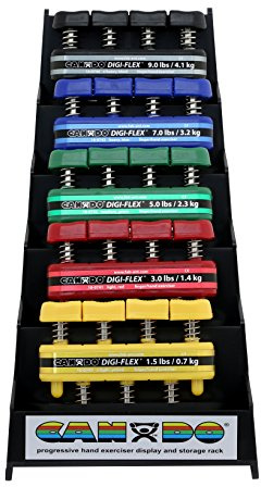 Cando® Digi-Flex® Handtrainer-Set, Fingergriff-Stärker, Set mit 5 Stück (1 pro Schwierigkeitsgrad – sehr einfach bis sehr schwierig) und Aufsteller