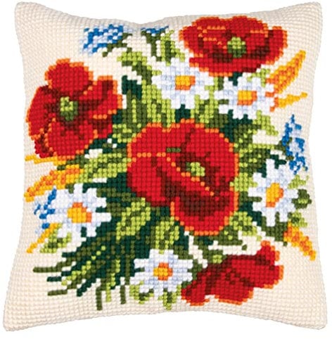 Vervaco Kreuzstich Stickpackungen Kissen Front zum Selbersticken mit Stickbild auf 100% Baumwoll Stoff und Stickgarn, Stickvorlagen 40 x 40 cm mit Anleitung, Blumen