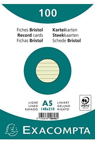 Exacompta 10848SE 100er Pack Karteikarten liniert DIN A5 in Folie eingeschweißt 14,8 x 21 cm ideal für die Schule und Universität zum Lernen grün