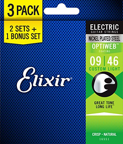Elixir cuerdas 16551 acero chapado en níquel cuerdas para guitarra eléctrica con revestimiento de optiweb, Set de 3 piezas